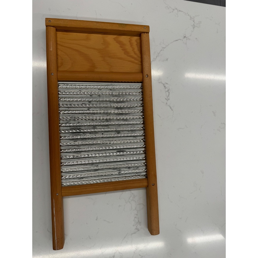 Vintage 1940s Petite Wood Frame Galvanized Washboard Rope Rib Decorative 18 inch